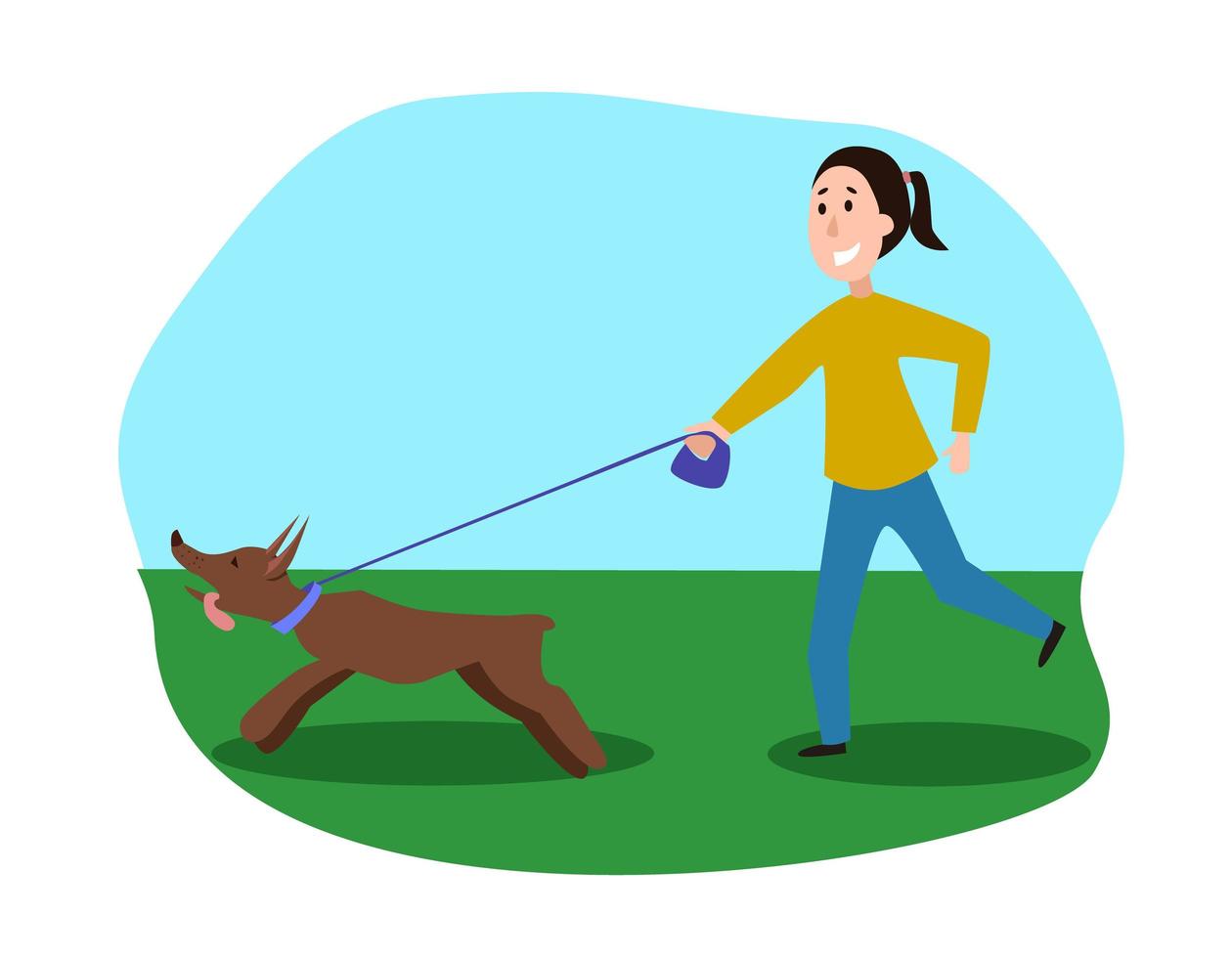 mujer corriente con perro ilustración vectorial plana. mascota y dueño de personajes de dibujos animados en el parque. vector