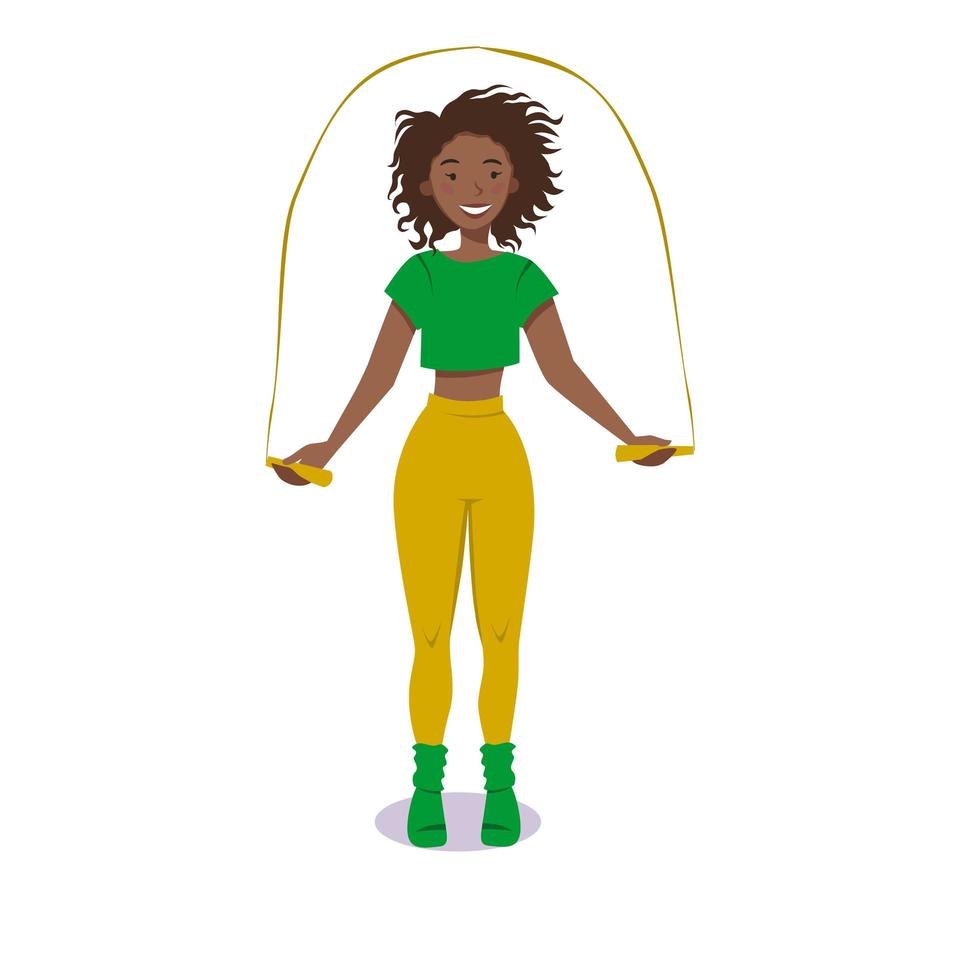 una chica tonificada hace ejercicios con una cuerda para saltar en ropa deportiva. ilustración de vector plano sobre un fondo blanco aislado. imagen para polideportivos y pancartas.