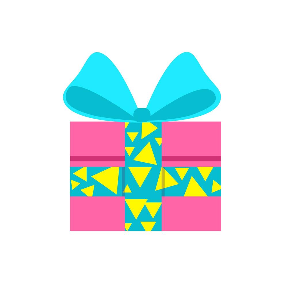 Gift in a pink box with a blue ribbon in a triangle. Surprise with a beautiful bow. Flat style. For a logo, banner, or postcard. vector