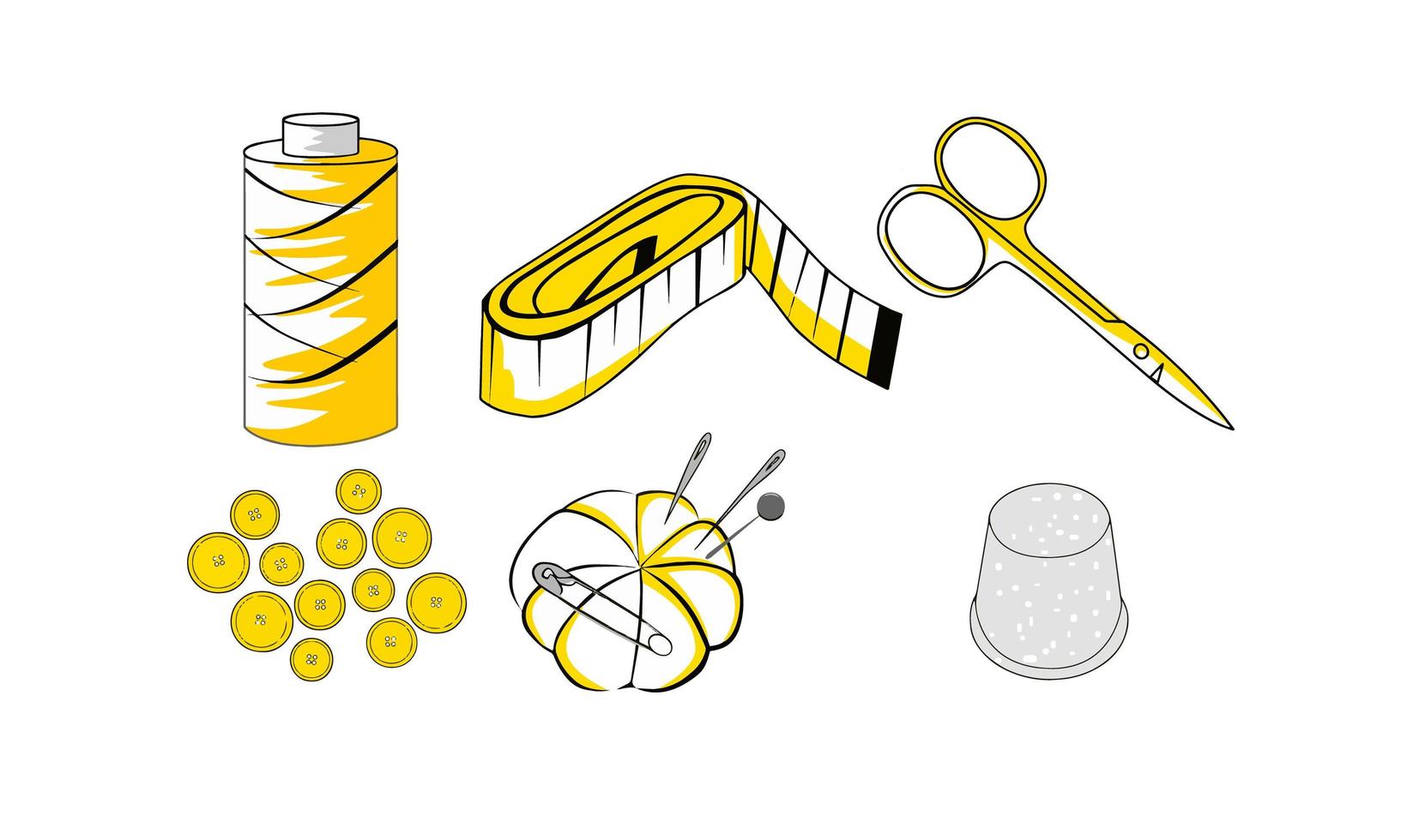 A simple set of sewing related items. Contains icons such as thread, measuring tape, scissors, buttons, thimble, and a pillow for needles. vector
