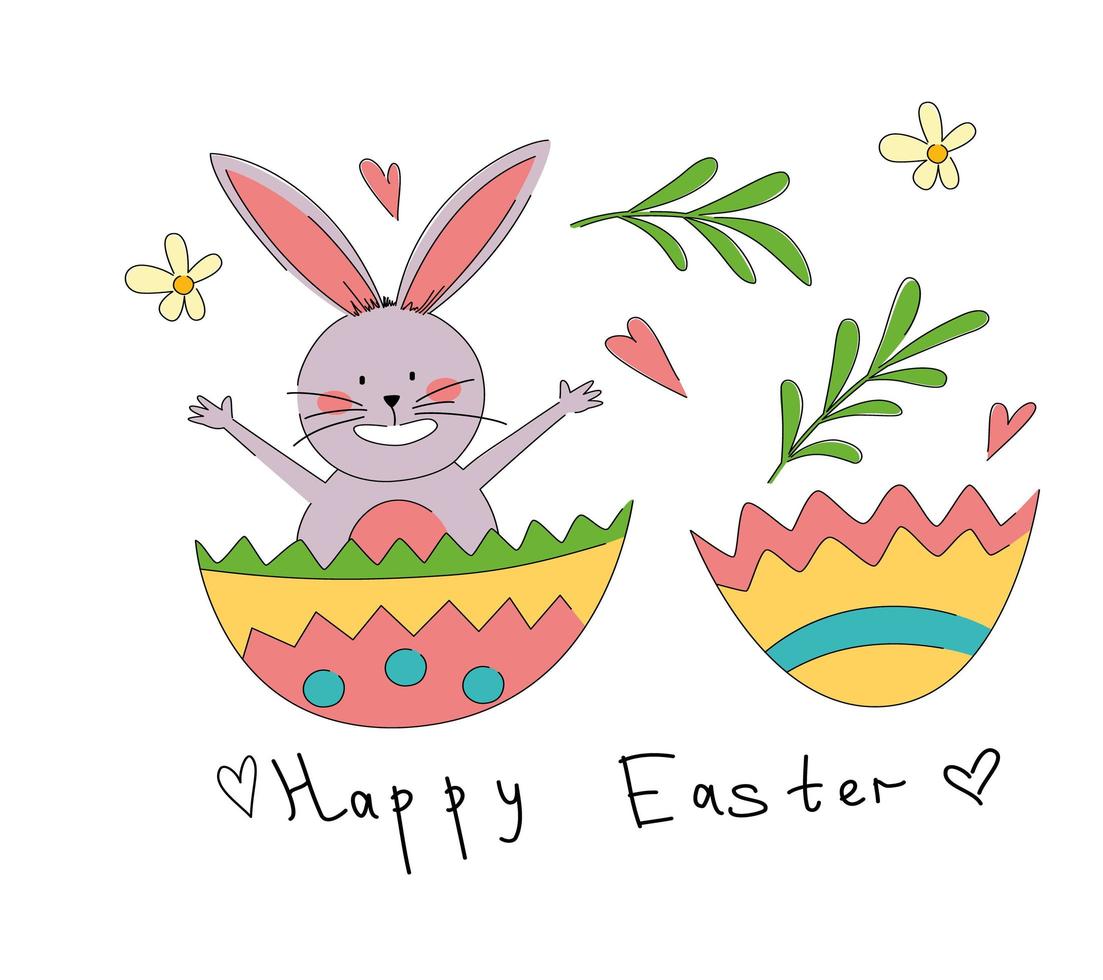 Happy Easter greeting card. The rabbit hatches from a beautiful multicolored egg. vector