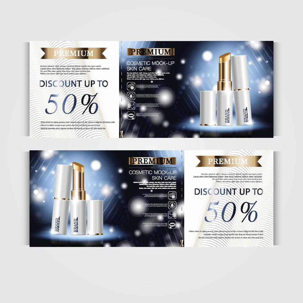 Gift voucher hydrating facial lipstick for annual sale or festival sale. white and gold lipstick mask bottle isolated on glitter particles background. Banner graceful cosmetic ads, illustration. vector