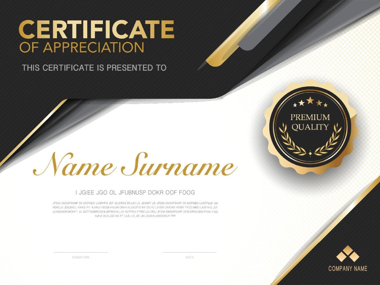 diploma certificate template black and gold color with luxury and modern style vector image, suitable for appreciation.  Vector illustration.