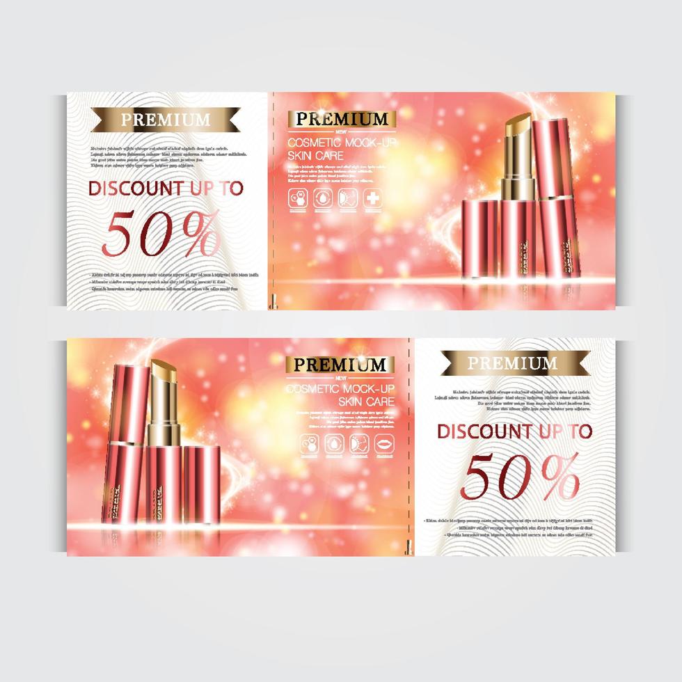 cupón de regalo lápiz labial hidratante para la venta anual o la venta del festival. botella de máscara de lápiz labial rojo y dorado aislada sobre fondo de partículas de brillo. banner anuncios cosméticos elegantes, ilustración. vector