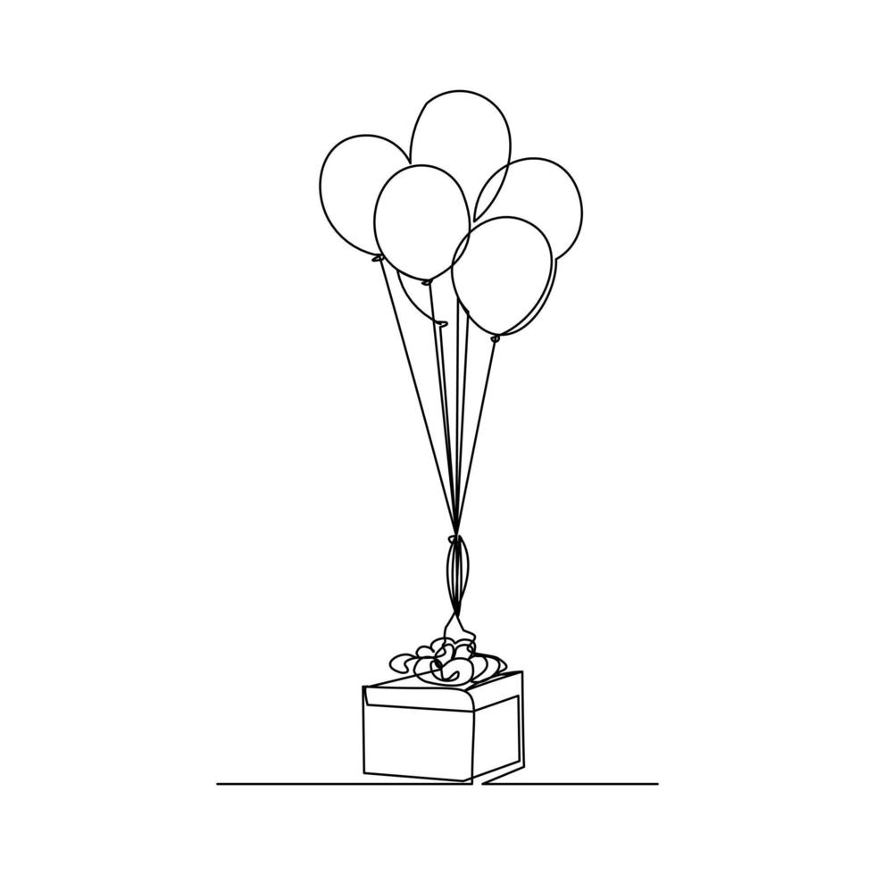 Continuous line drawing of birthday celebration balloon pop up from the box. Single one line art of decoration balloon concept design outline. Vector illustration
