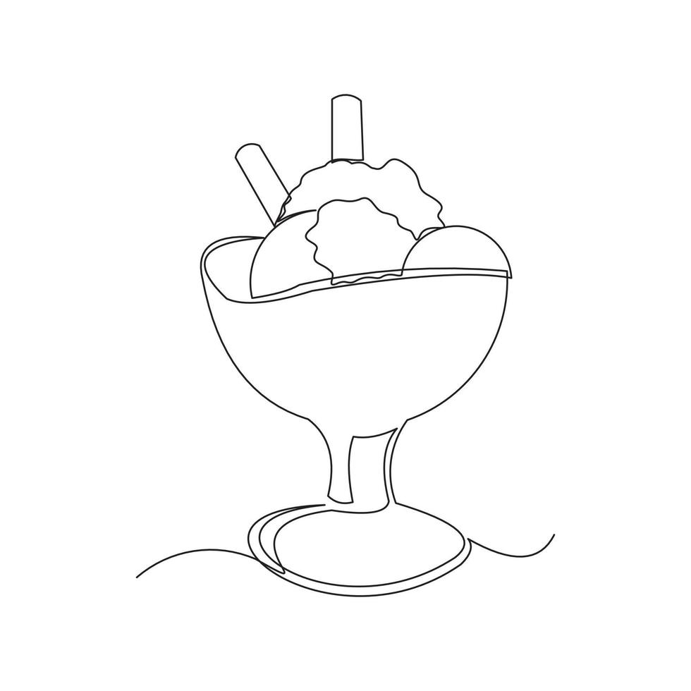 Continuous line drawing of delicious and cool fresh ice cream cup. Single one line art of sweet ice cream dessert. Vector illustration