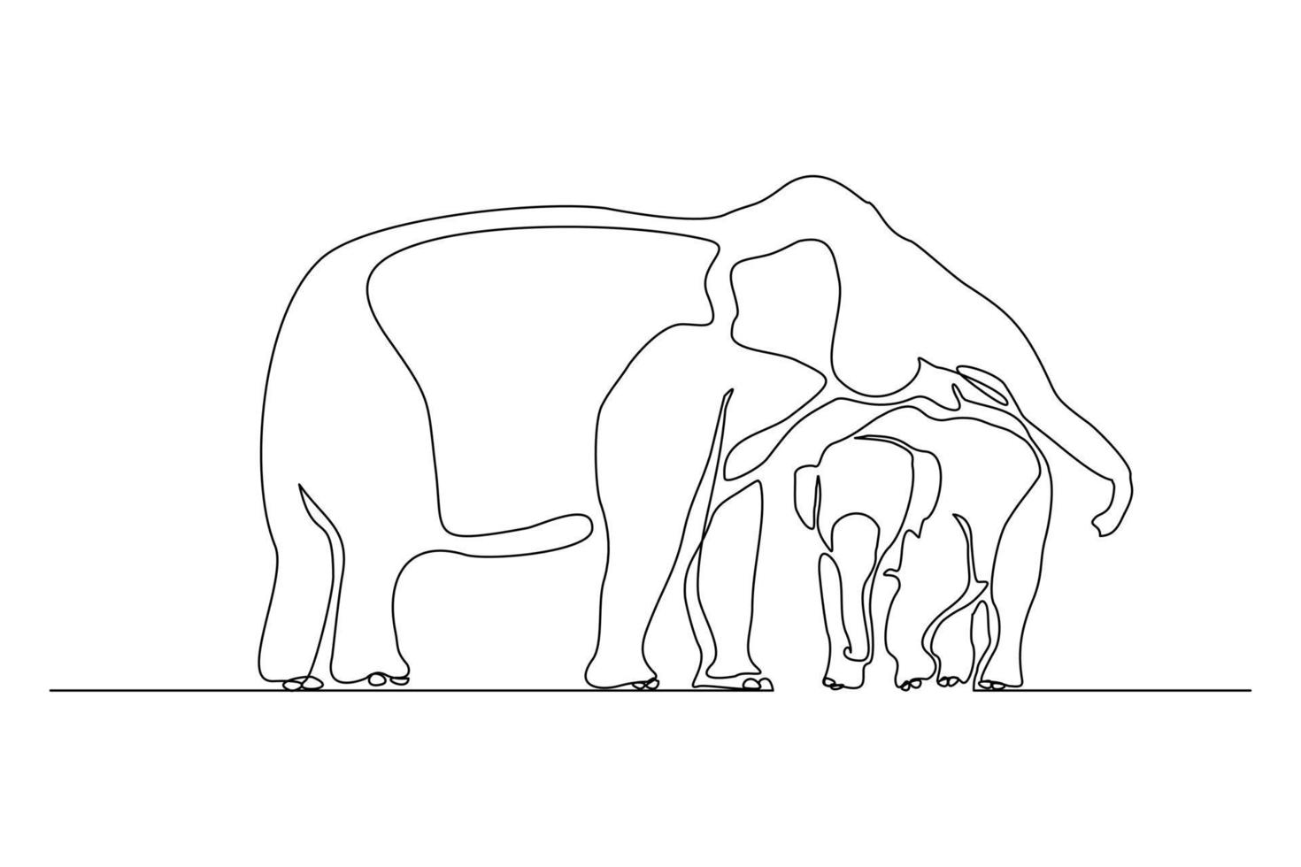 línea continua de bebé elefante y mamá. ilustración de vector de elefante padre y niños de arte de una sola línea