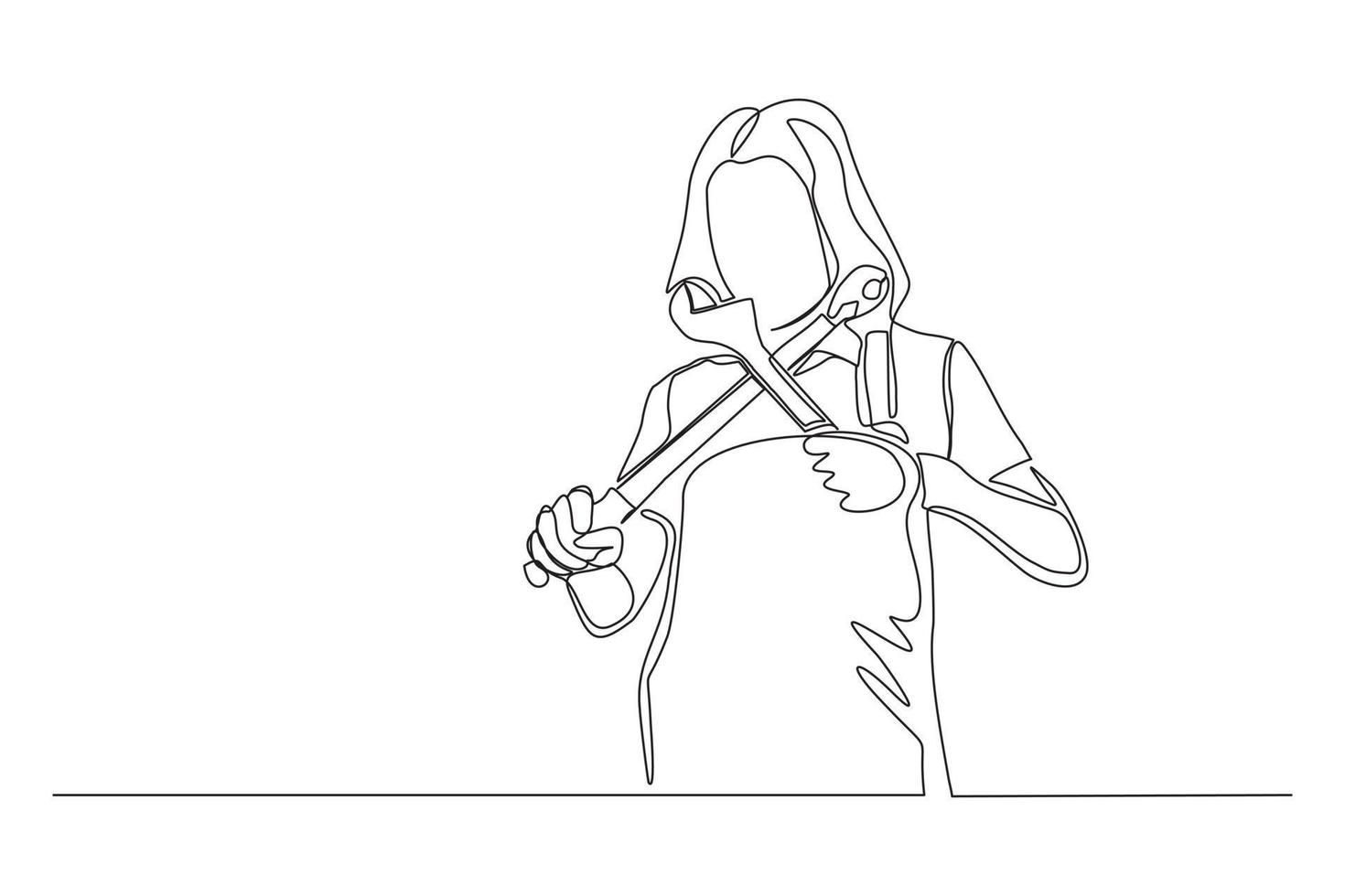 Continuous line drawing of young female mechanic pose holding set of wrench. Single one line art of professional job profession minimalist concept. vector illustration