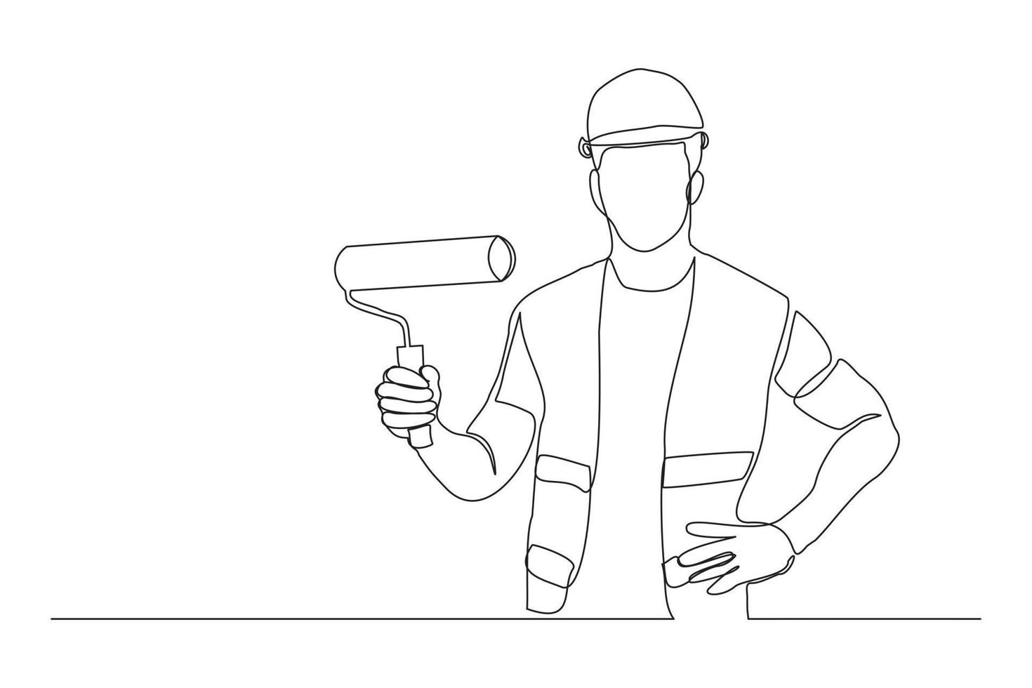 Continuous line drawing of young handyman wearing building construction uniform while holding paint roller. One single line painter wall renovation service concept. vector design illustration