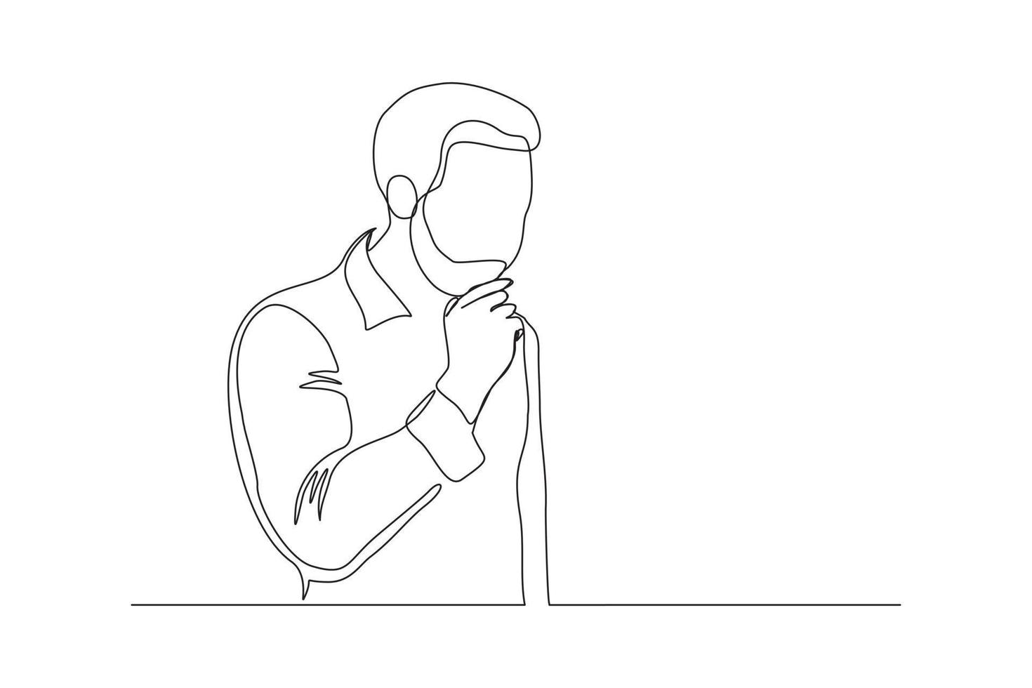 Continuous line drawing of young pensive male standing looking away against. Single one line drawing of standing man thinking. Vector illustration