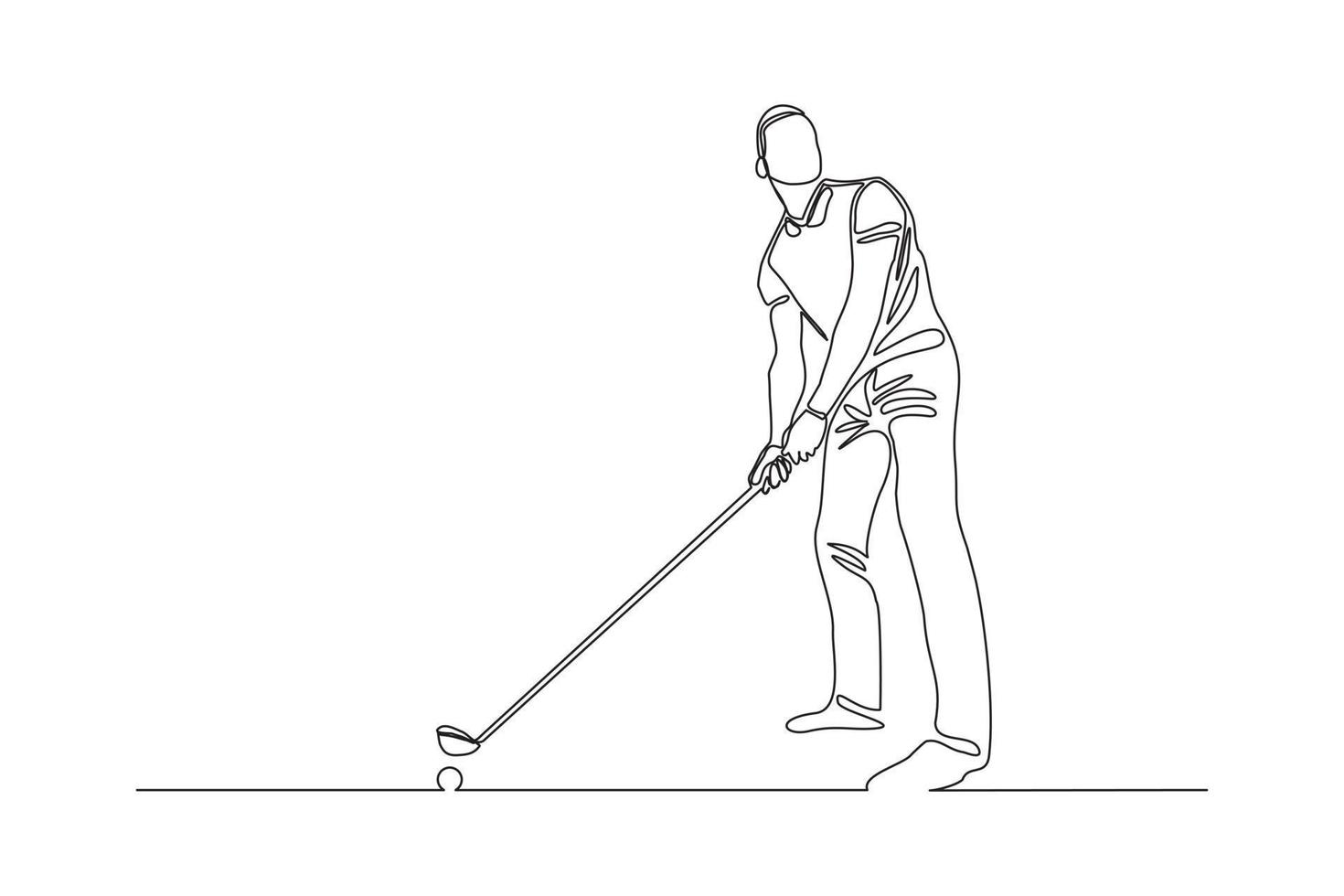 Continuous line drawing of young man playing golf. Single one line art concept of professional golfer holding stick to hit ball. Vector illustration