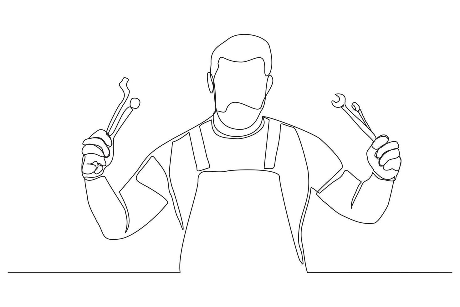 Continuous line drawing of young male mechanic pose holding set of wrench. Single one line art of man professional job profession minimalist concept. vector illustration