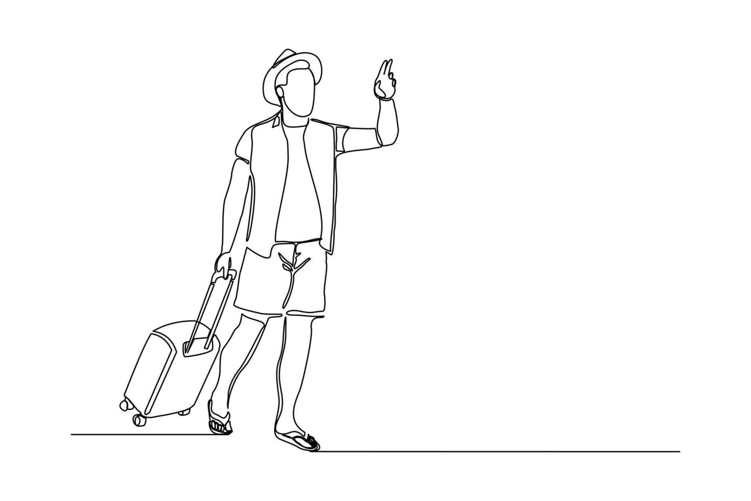 Continuous line drawing of traveler man with luggage. Single one line art concept of tourist walking with suitcase. Vector illustration