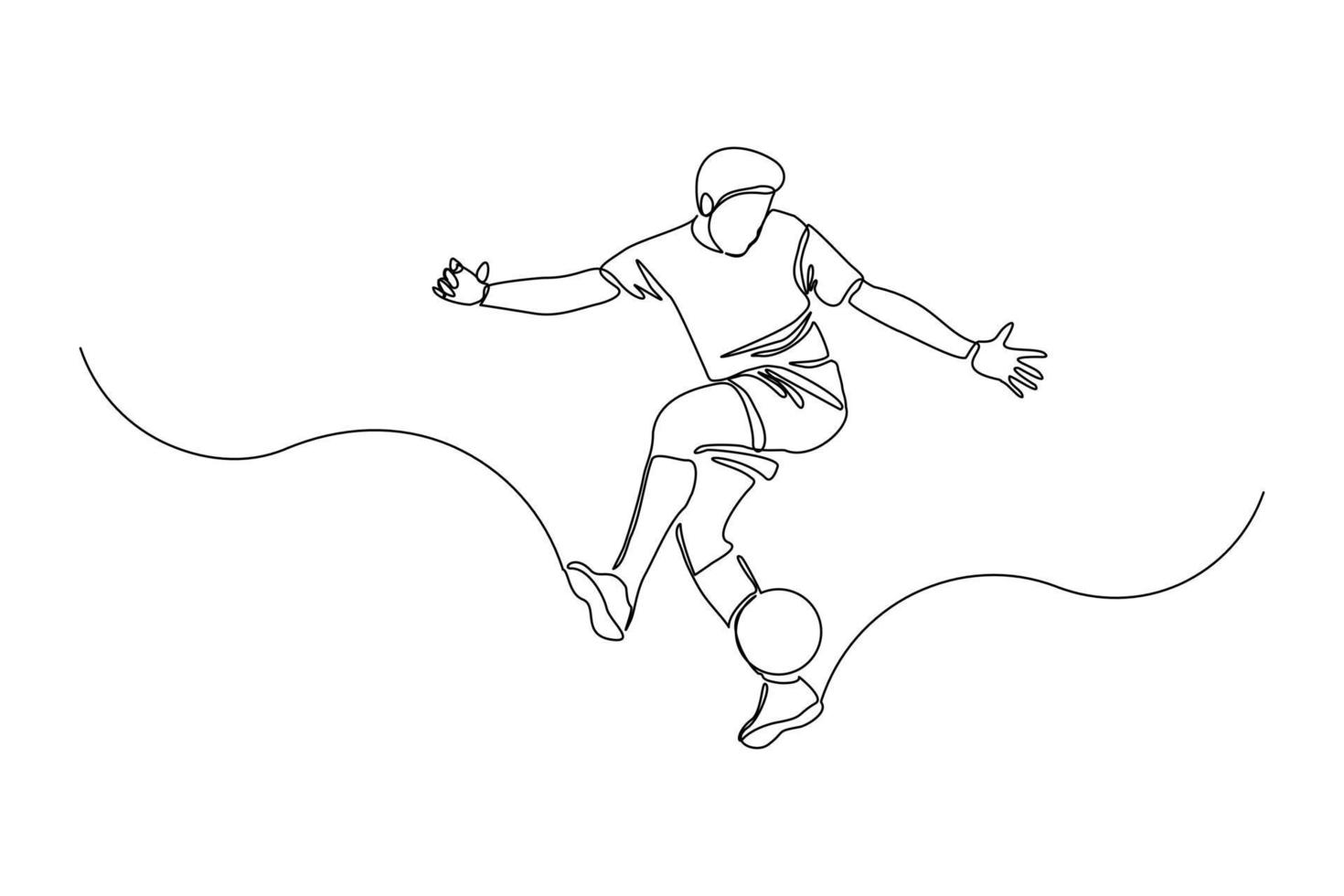 Continuous line drawing of football player kicking ball. Single one line art of young man soccer player dribbling and juggling ball. Vector illustration