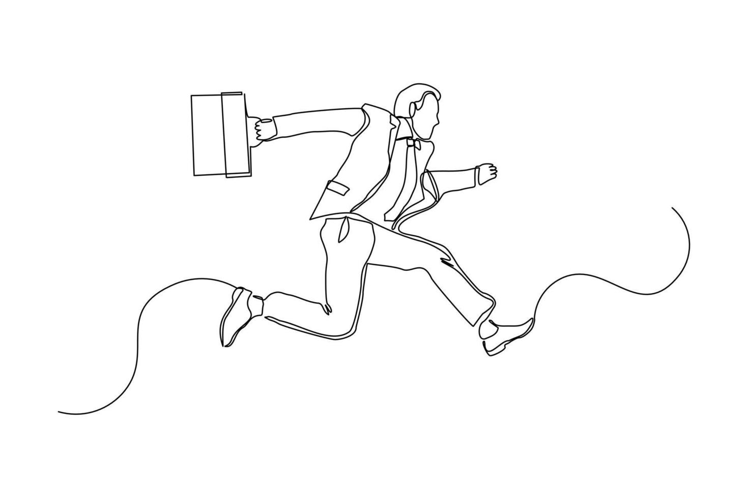 Continuous line drawing of happy young business man holding briefcase. Single one line art of office worker. Vector illustration