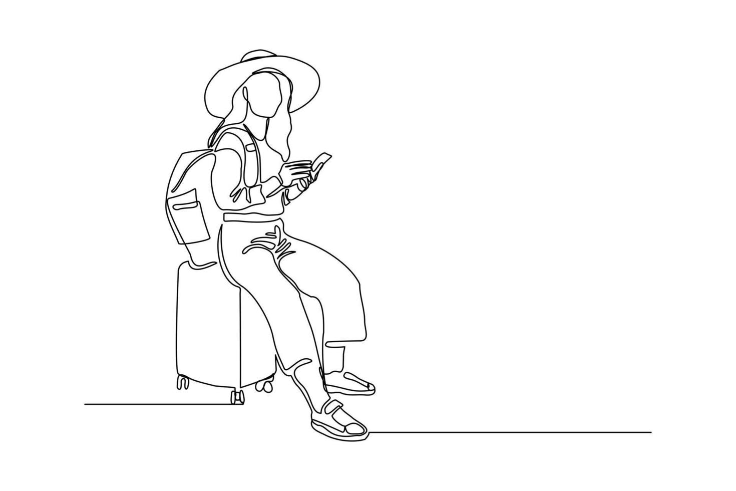 dibujo continuo de una mujer viajera sentada con equipaje. concepto de arte de una sola línea de turista caminando con maleta. ilustración vectorial vector