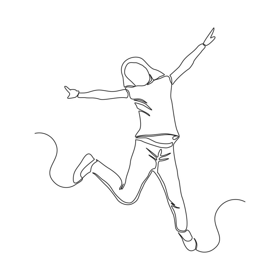 Continuous line drawing of happy woman girl children dancing and jumping. Single one line childhood vector illustration