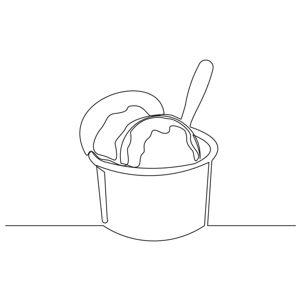 Continuous line drawing of delicious and cool fresh ice cream cup. Single one line art of sweet ice cream dessert. Vector illustration