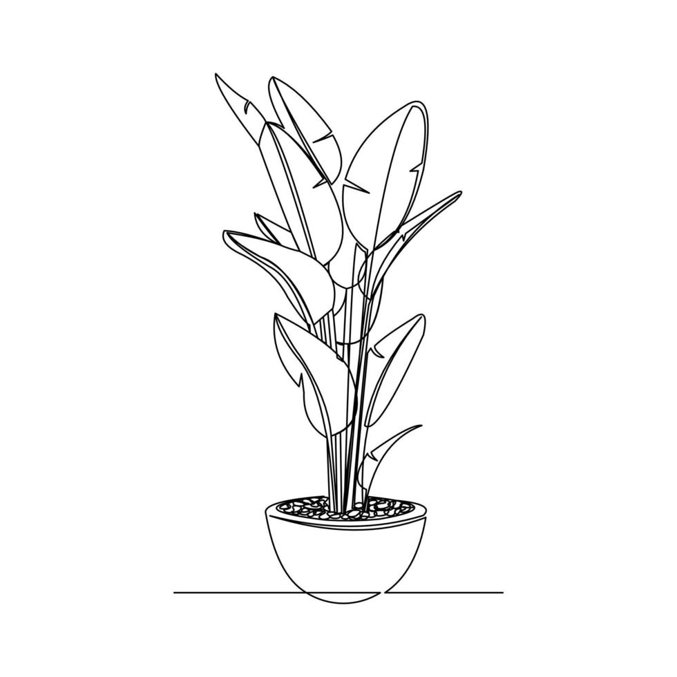 Continuous line drawing of decorative house plant in pot. Single one line art of nature home appliances. Vector illustration