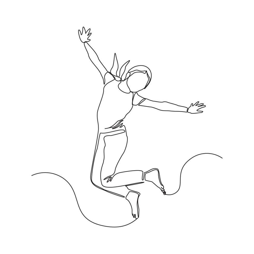 Continuous line drawing of happy woman girl children dancing and jumping. Single one line childhood vector illustration