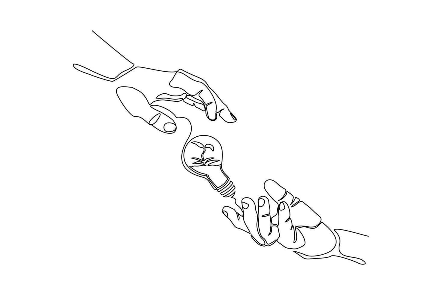 Continuous line drawing of green plant tree in light bulb and two palm hands. Creative green earth nature saving single one line art. Vector illustration