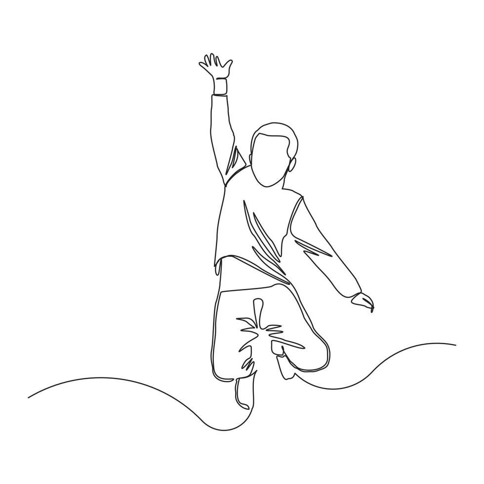 Continuous line drawing of happy man boy children dancing and jumping. Single one line childhood vector illustration