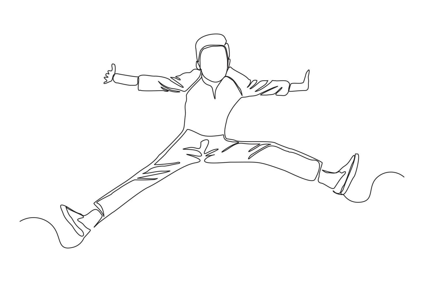 Continuous line drawing of happy man boy children dancing and jumping. Single one line childhood vector illustration