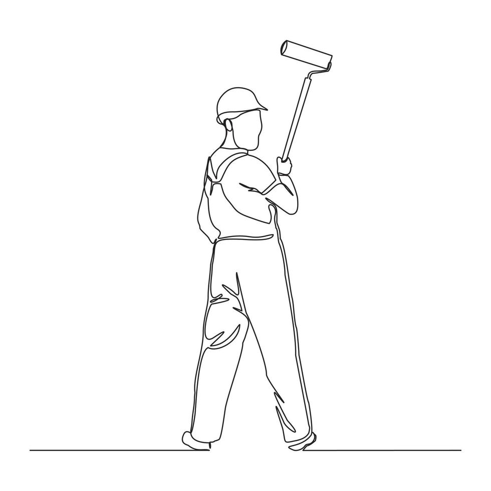 Continuous line drawing of young handyman wearing building construction uniform while holding paint roller. One single line painter wall renovation service concept. vector design illustration
