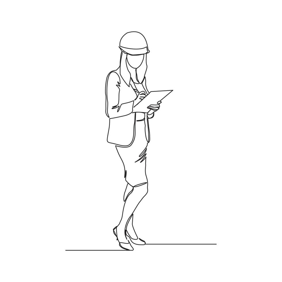 Continuous line drawing of young female architect engineer worker standing while write business note on paper at clipboard wearing safety helmet. One single line business woman workshop concept Vector