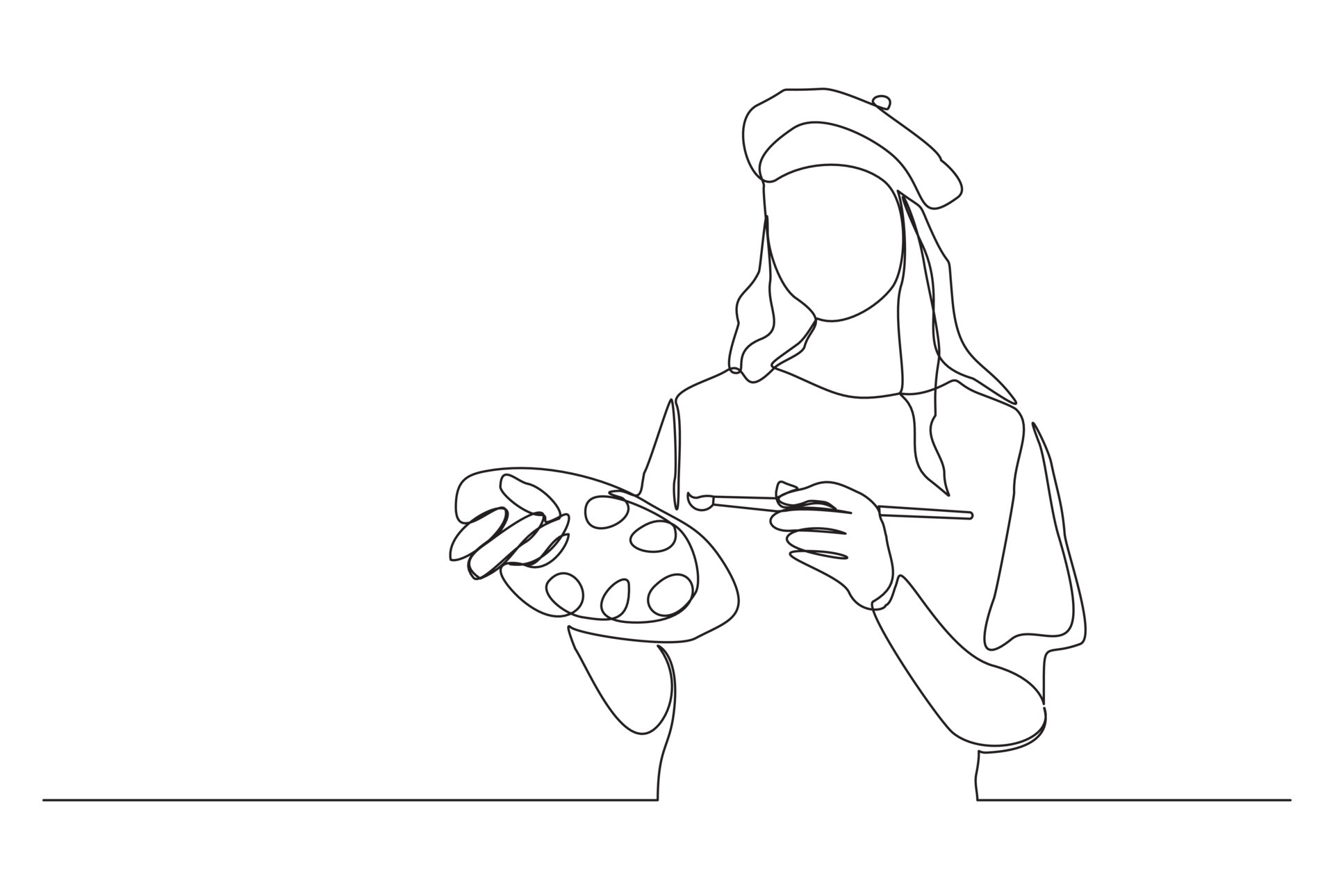 Continuous line drawing of young female painter artist. Single one line