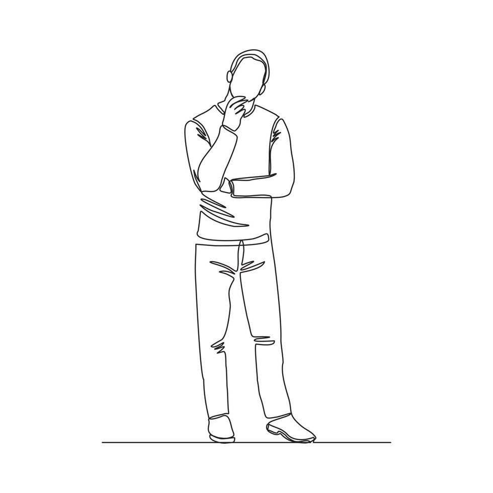 Continuous line drawing of young pensive male standing looking away against. Single one line drawing of standing man thinking. Vector illustration