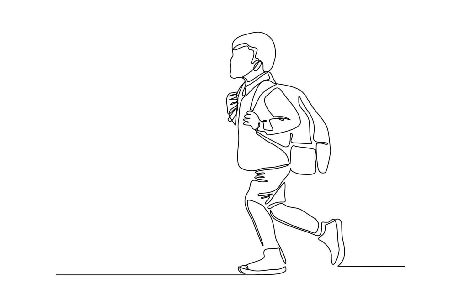 dibujo continuo de un niño pequeño caminando por la calle. concepto de persona estudiante con bolsa para ir a la escuela. ilustración vectorial vector