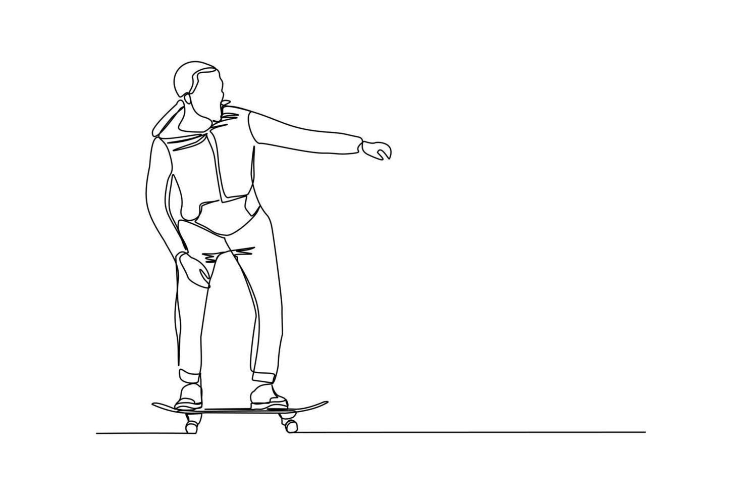 Continuous line drawing of young man playing skateboard. Single one line art sport vector illustration theme. Person play game for exercise and hobby isolated on white background