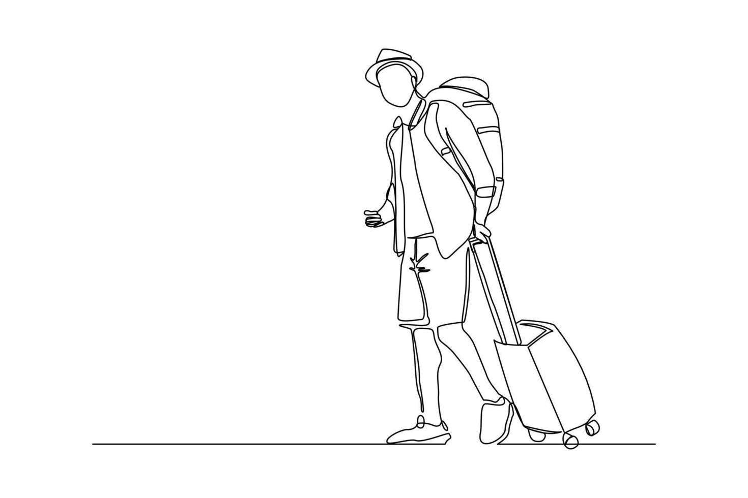 dibujo de línea continua del hombre viajero con equipaje. concepto de arte de una sola línea de turista caminando con maleta. ilustración vectorial vector