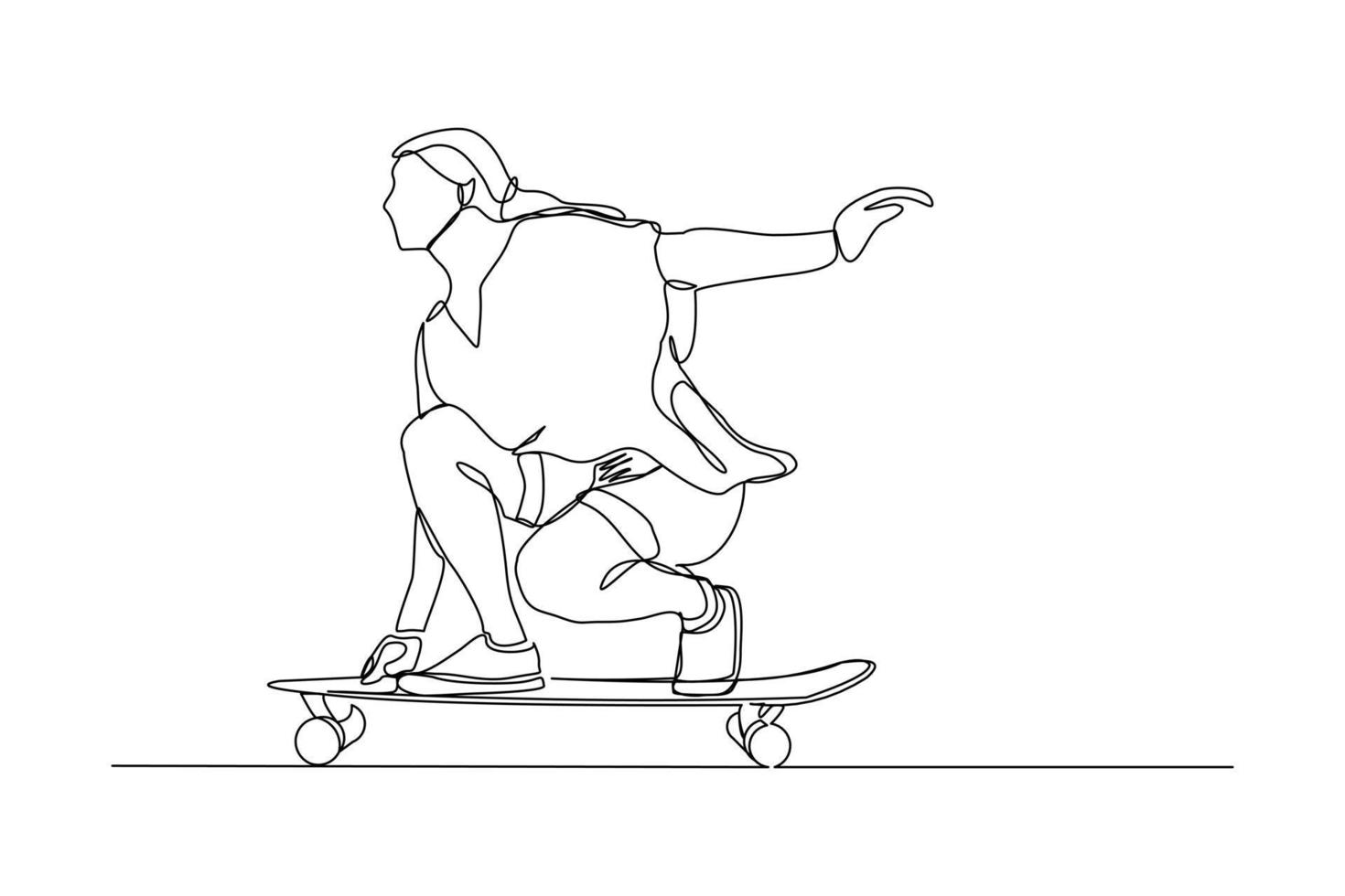 Continuous line drawing of young woman playing skateboard. Single one line art sport vector illustration theme. Person play game for exercise and hobby isolated on white background