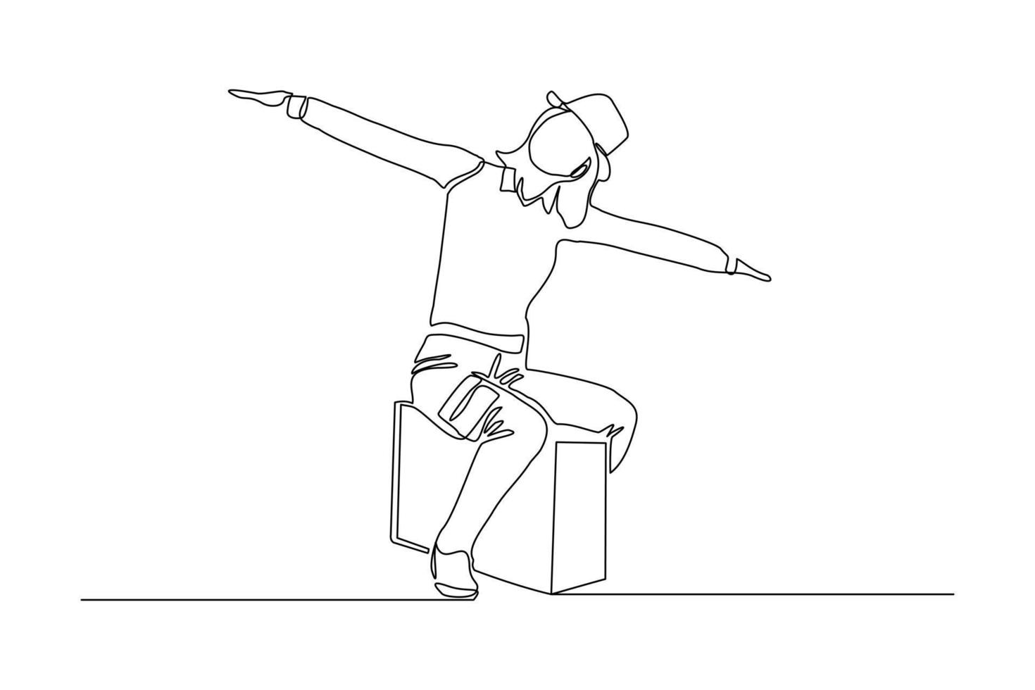 Continuous line drawing of traveler woman sitting with luggage. Single one line art concept of tourist walking with suitcase. Vector illustration