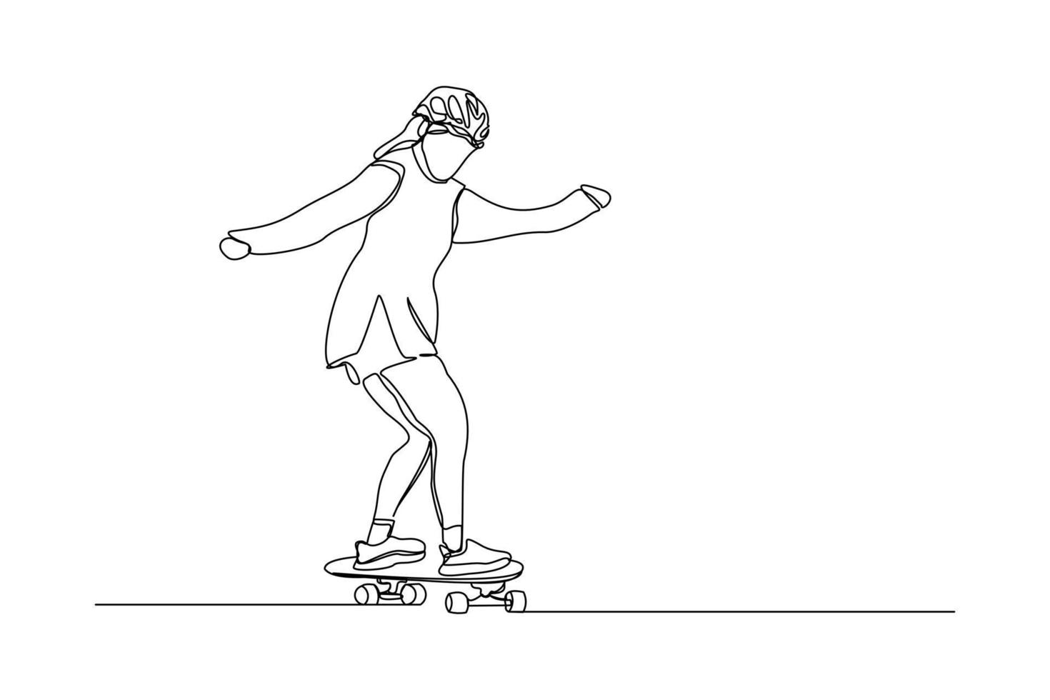 Continuous line drawing of young woman playing skateboard. Single one line art sport vector illustration theme. Person play game for exercise and hobby isolated on white background