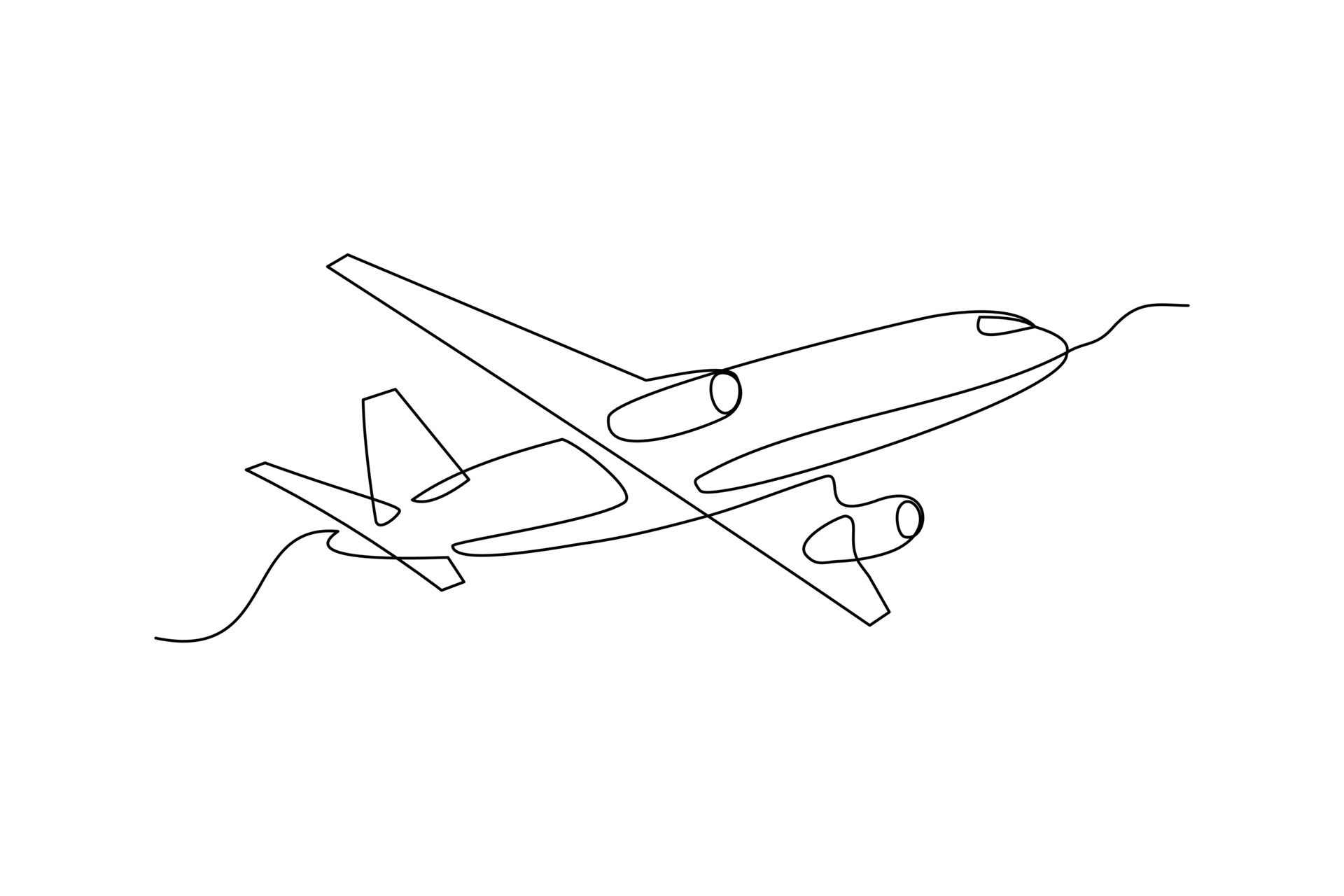 Continuous line drawing of flying airplane. Single one line art of jet