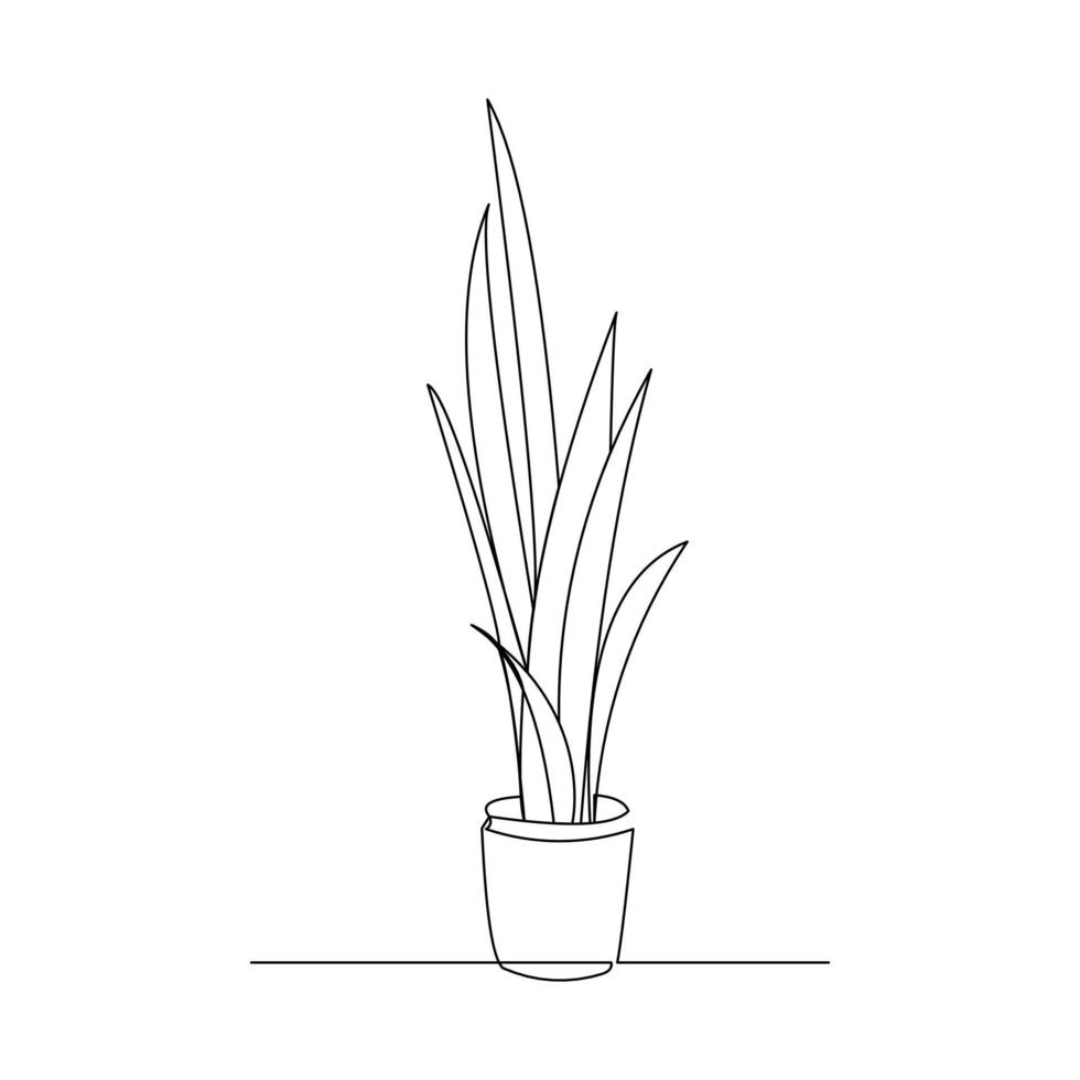 Continuous line drawing of decorative house plant in pot. Single one line art of nature home appliances. Vector illustration