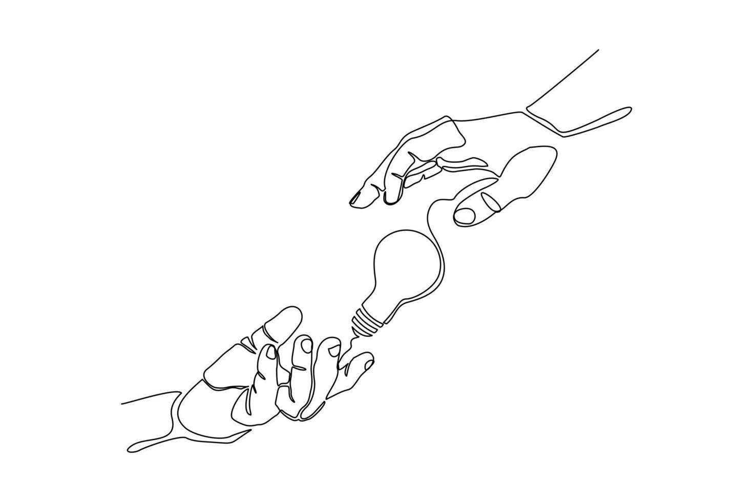 Continuous line drawing of light bulb and two palm hands as a symbol of ideas. Creative problem solving single one line art. Vector illustration