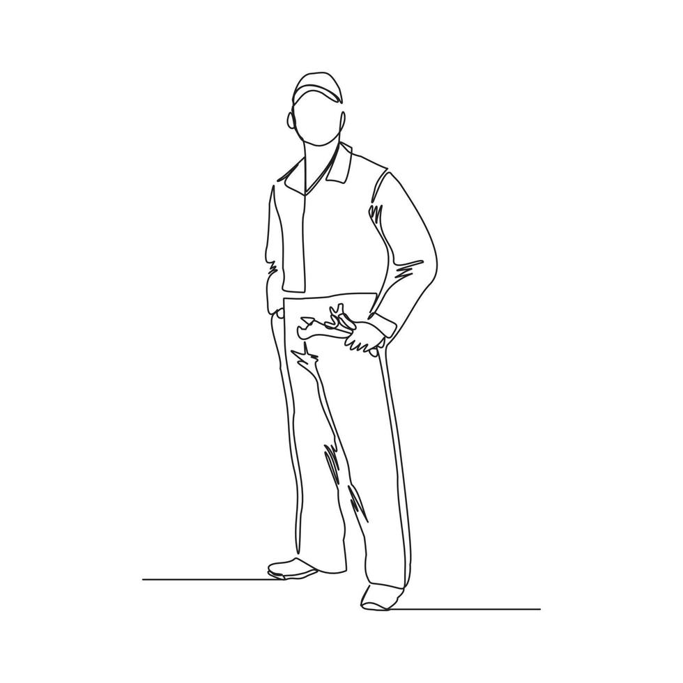 dibujo de línea continua de la pose mecánica masculina joven sosteniendo un juego de llaves. arte de una sola línea del concepto minimalista de la profesión de trabajo profesional del hombre. ilustración vectorial vector