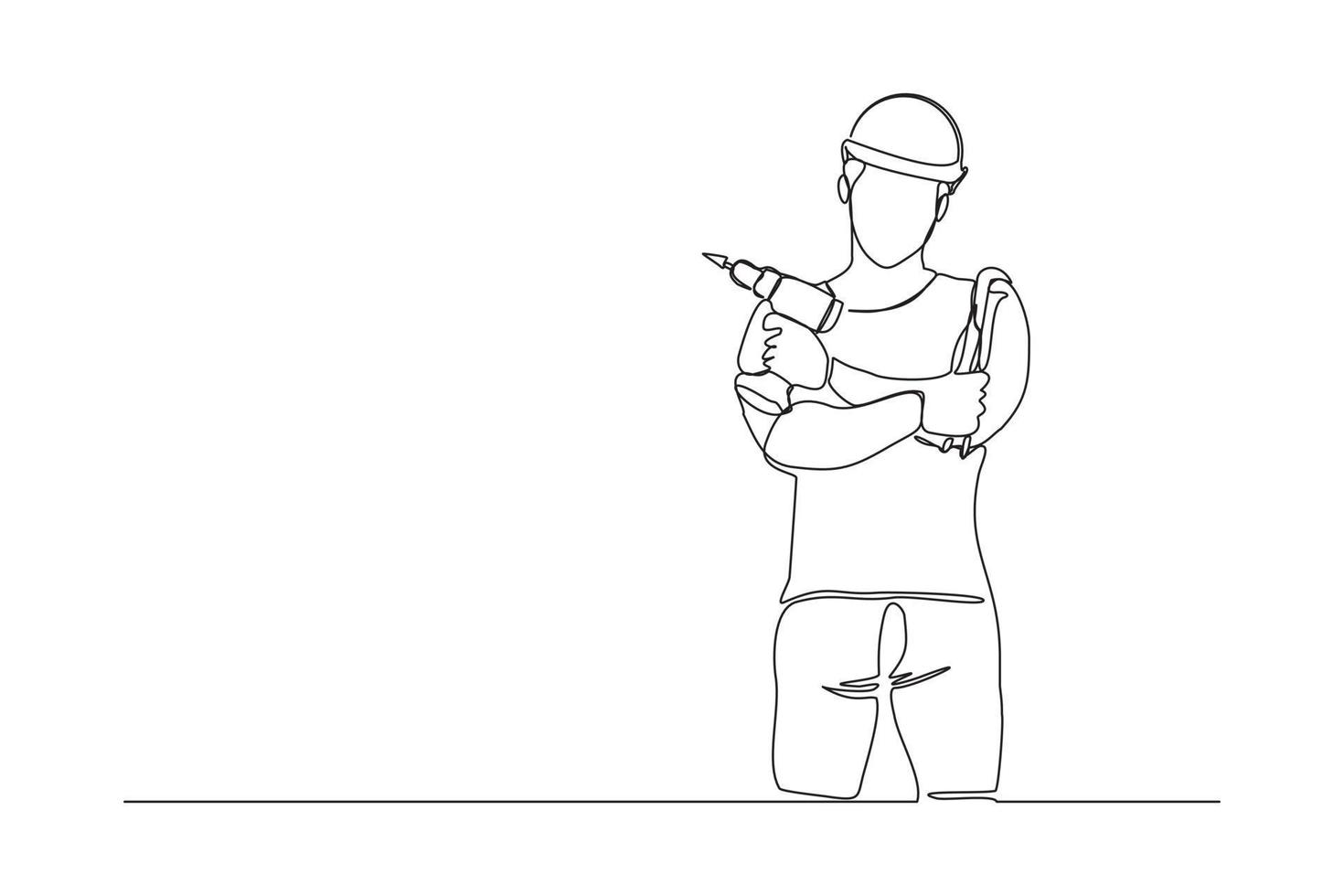 Continuous line drawing of young handyman wearing uniform while holding drill machine. Single one line art of repairman construction maintenance service concept. Vector illustration