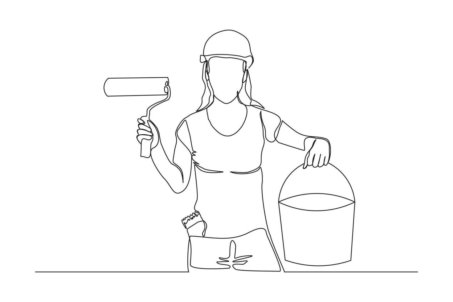 Continuous line drawing of young handy woman wearing building construction uniform while holding paint roller. One single line painter wall renovation service concept. vector design illustration