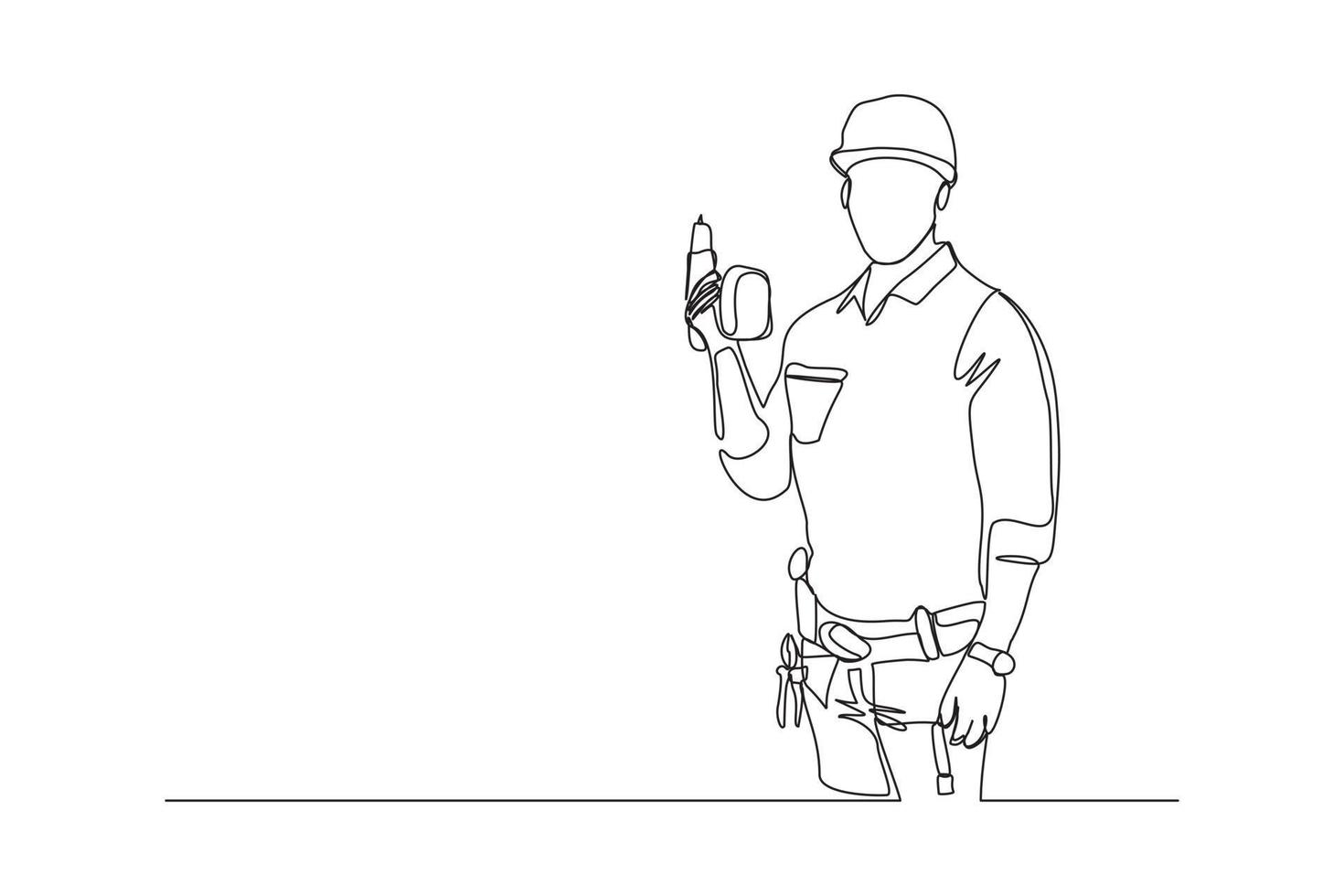 Continuous line drawing of young handyman wearing uniform while holding drill machine. Single one line art of repairman construction maintenance service concept. Vector illustration