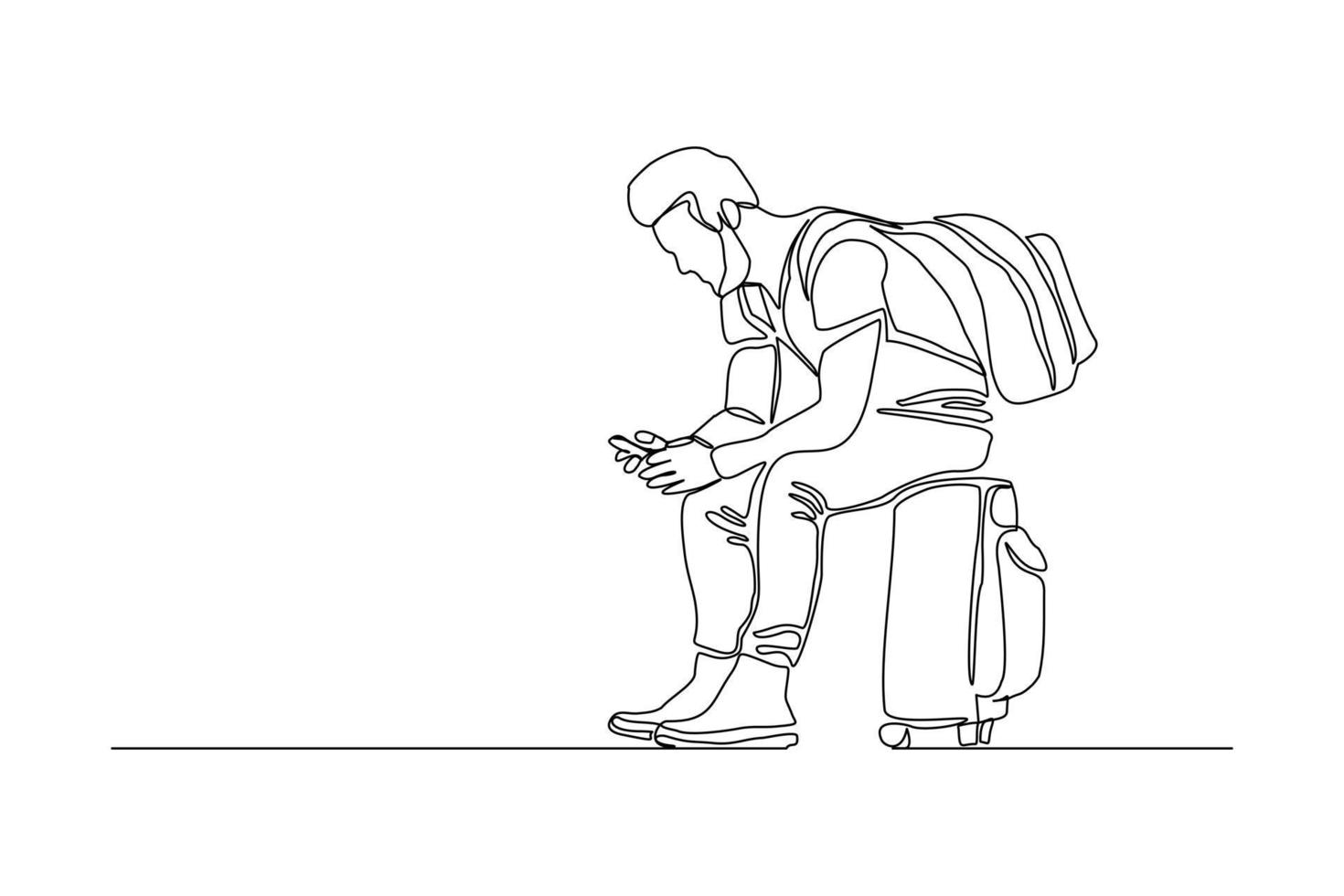 Continuous line drawing of traveler man sitting with luggage. Single one line art concept of tourist walking with suitcase. Vector illustration