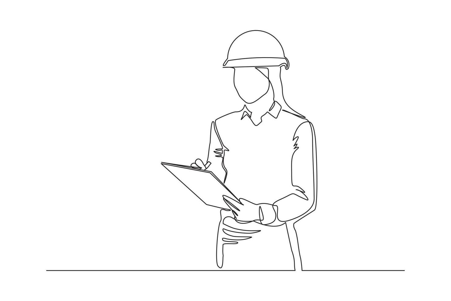 Continuous line drawing of young female architect engineer worker standing while write business note on paper at clipboard wearing safety helmet. One single line business woman workshop concept Vector