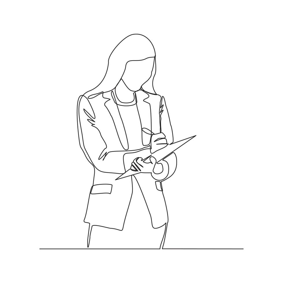 Continuous line drawing of young happy female worker standing while write business note from mentor on paper at clipboard. One single line business woman workshop concept. vector illustration
