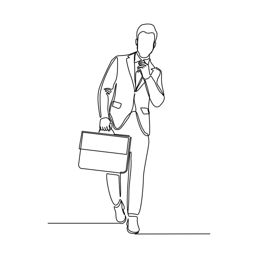 Continuous line drawing of happy young business man holding briefcase. Single one line art of office worker. Vector illustration