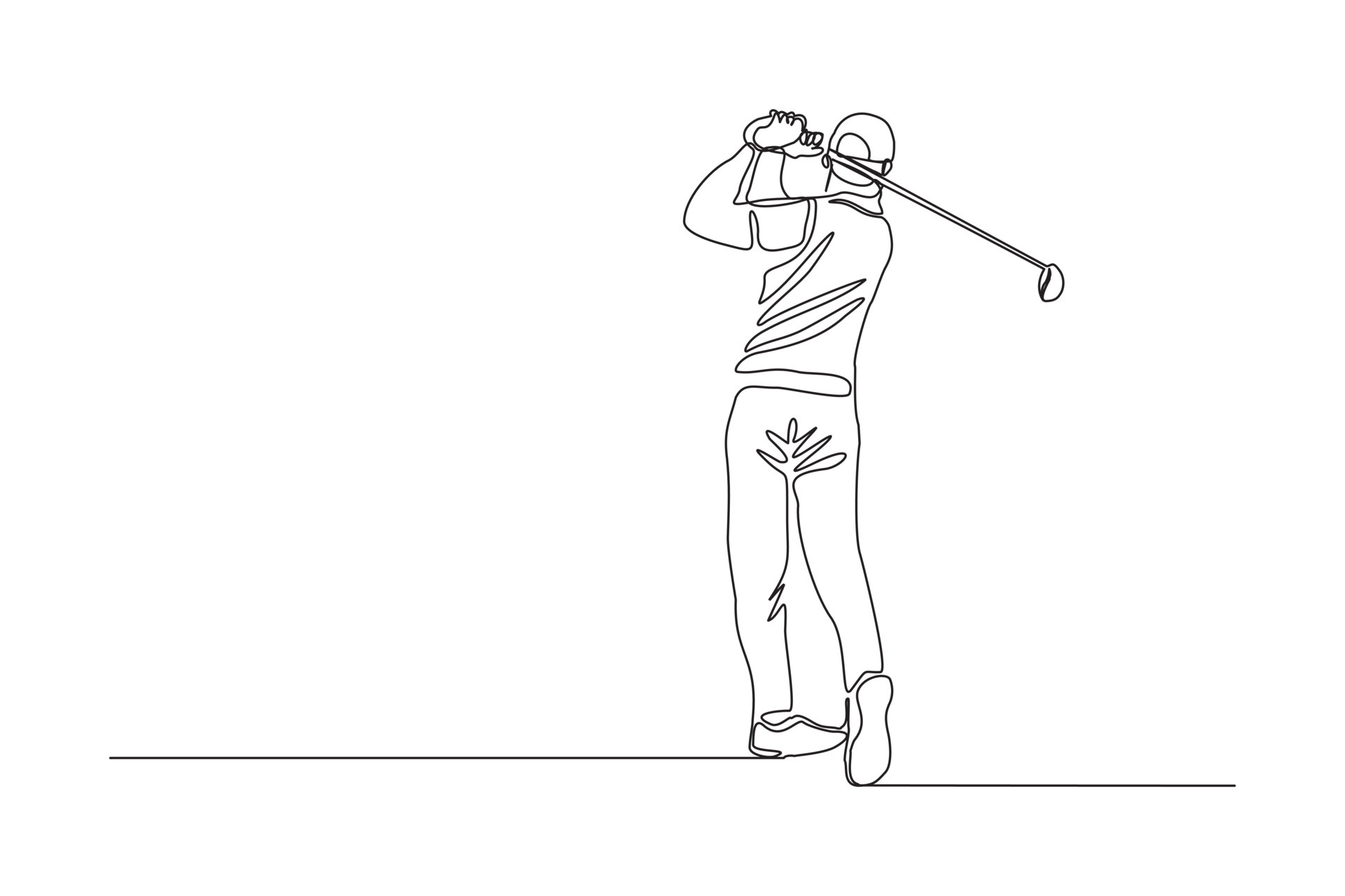 Continuous line drawing of young man playing golf. Single one line art
