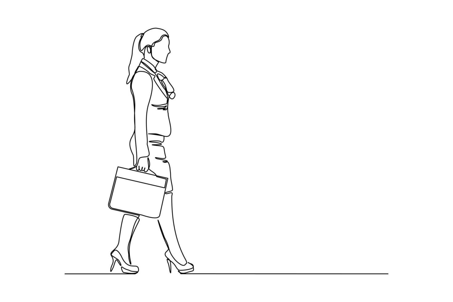 Continuous line drawing of happy young business woman holding briefcase. Single one line art of office worker. Vector illustration